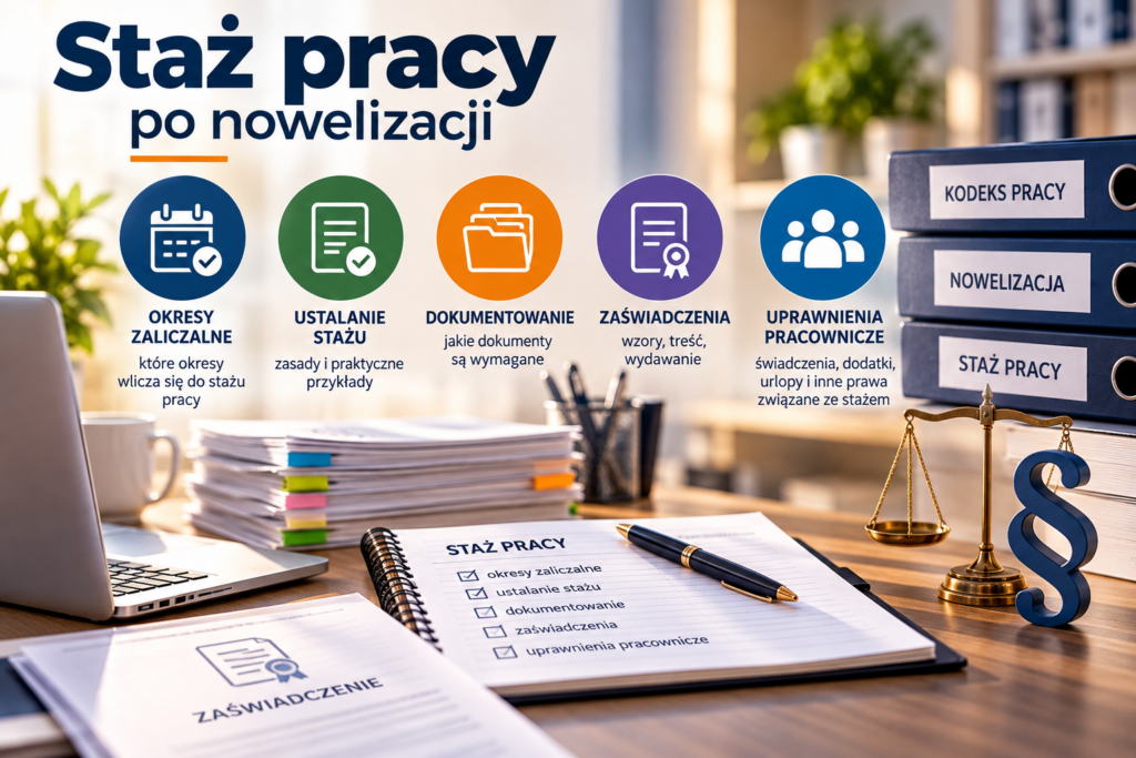 Grafika przedstawiająca temat stażu pracy po nowelizacji. Na biurku znajdują się dokumenty, laptop, segregatory z napisami „Kodeks pracy”, „Nowelizacja” i „Staż pracy” oraz symbol wagi sprawiedliwości. Infografika prezentuje pięć zagadnień: okresy zaliczalne, ustalanie stażu, dokumentowanie, zaświadczenia i uprawnienia pracownicze.