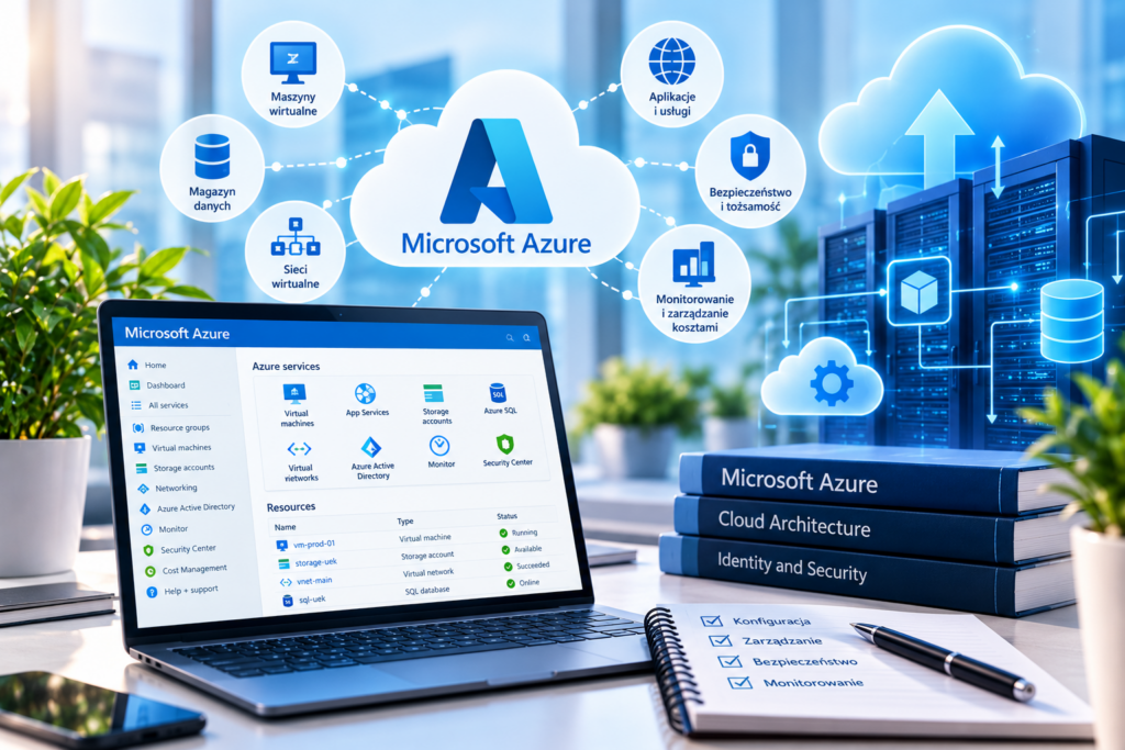 Grafika przedstawiająca laptop z panelem administracyjnym Microsoft Azure, logo platformy chmurowej oraz serwery i symbole maszyn wirtualnych, magazynowania danych, sieci wirtualnych, bezpieczeństwa, monitorowania i zarządzania kosztami. Niebieska, nowoczesna stylistyka nawiązuje do administracji i konfiguracji usług chmurowych.