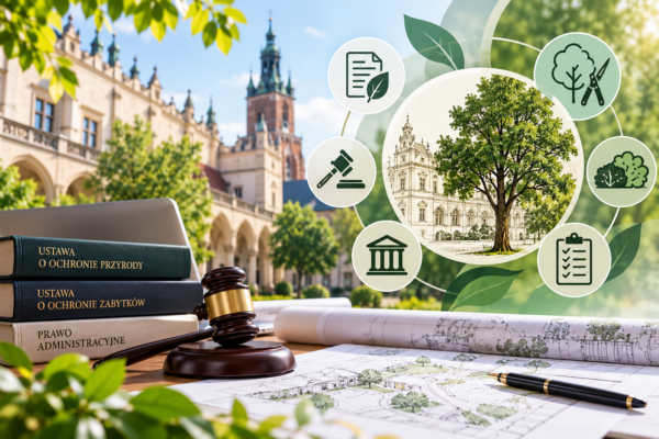Grafika przedstawiająca zabytkowy budynek otoczony drzewami, dokumentację projektową, młotek sędziowski oraz książki dotyczące ochrony przyrody, zabytków i prawa administracyjnego. Symbole drzew, krzewów, dokumentów i kontroli nawiązują do przepisów dotyczących usuwania zieleni na obszarach zabytkowych.