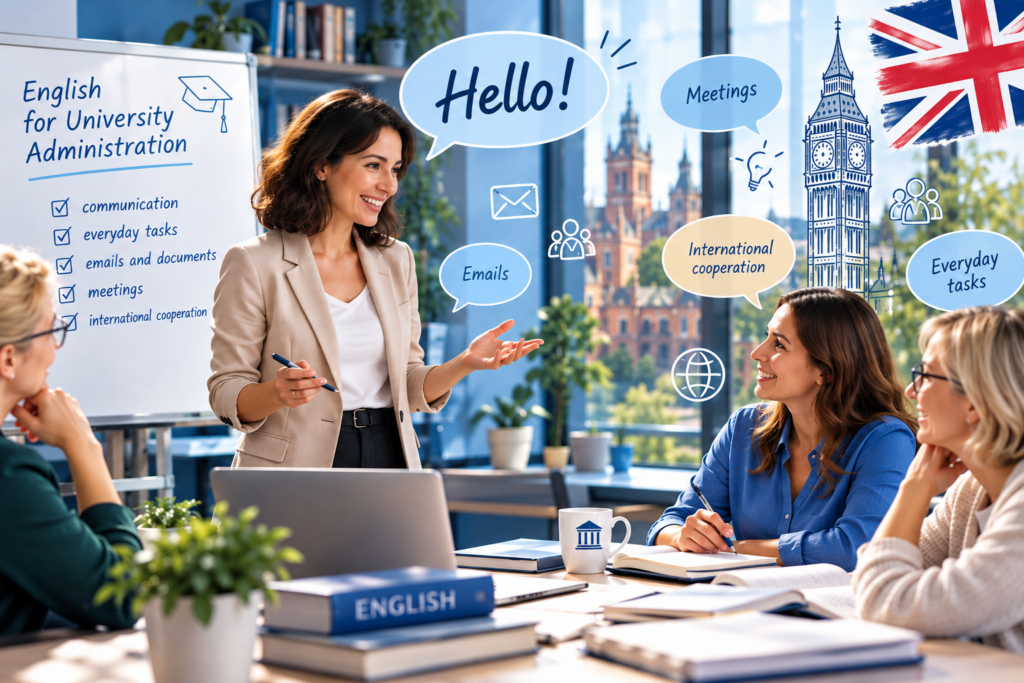 Grafika przedstawiająca lektorkę prowadzącą zajęcia z języka angielskiego dla kadry administracyjnej uczelni. Uczestniczki pracują przy stole z laptopem, książkami i notatkami. W tle widoczne są symbole komunikacji, spotkań, korespondencji i wsp&oacute;łpracy międzynarodowej, a także flaga Wielkiej Brytanii i ilustracja Big Bena. W dymku nad prowadzącą widnieje napis &bdquo;Hello!&rdquo;.