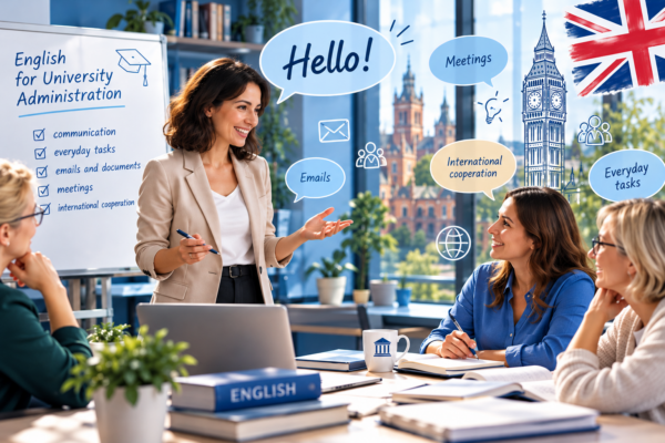 Grafika przedstawiająca lektorkę prowadzącą zajęcia z języka angielskiego dla kadry administracyjnej uczelni. Uczestniczki pracują przy stole z laptopem, książkami i notatkami. W tle widoczne są symbole komunikacji, spotkań, korespondencji i współpracy międzynarodowej, a także flaga Wielkiej Brytanii i ilustracja Big Bena. W dymku nad prowadzącą widnieje napis „Hello!”.