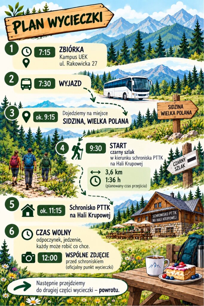 olorowa infografika przedstawiająca plan wycieczki górskiej na Halę Krupową. Na tle gór, lasów i polan pokazano kolejne etapy podróży wraz z godzinami i trasą przejazdu oraz marszu. Plan obejmuje zbiórkę o godzinie 7:15 na kampusie UEK przy ul. Rakowickiej 27, wyjazd autokarem o 7:30, przyjazd około 9:15 do miejscowości Sidzina (Wielka Polana) oraz rozpoczęcie wędrówki czarnym szlakiem o 9:30 w kierunku schroniska PTTK na Hali Krupowej. Trasa piesza ma długość 3,6 km, a przewidywany czas przejścia wynosi 1 godzinę i 36 minut. Około 11:15 zaplanowano dotarcie do schroniska, następnie czas wolny i wspólne zdjęcie o godzinie 12:00. Ilustracje przedstawiają m.in. autokar, turystów na szlaku, drogowskazy, schronisko górskie oraz górski krajobraz. Na dole znajduje się informacja o przejściu do drugiej części wycieczki, czyli powrotu.