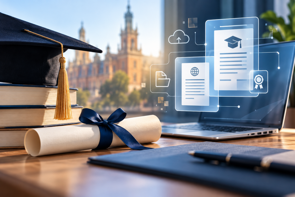 Grafika przedstawiająca biret na stosie książek, dyplom przewiązany granatową wstążką oraz laptop z cyfrowymi dokumentami i symbolami edukacji na tle zabytkowego kampusu uniwersyteckiego.
