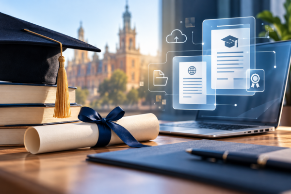 Grafika przedstawiająca biret na stosie książek, dyplom przewiązany granatową wstążką oraz laptop z cyfrowymi dokumentami i symbolami edukacji na tle zabytkowego kampusu uniwersyteckiego.
