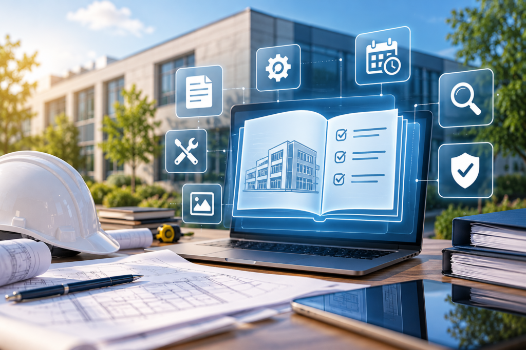 Grafika przedstawiająca laptop z cyfrową książką obiektu budowlanego, dokumentacją techniczną i listą kontrolną. W tle nowoczesny budynek, a wok&oacute;ł symbole dokumentacji, przegląd&oacute;w, konserwacji, bezpieczeństwa i zgodności z wymaganiami.