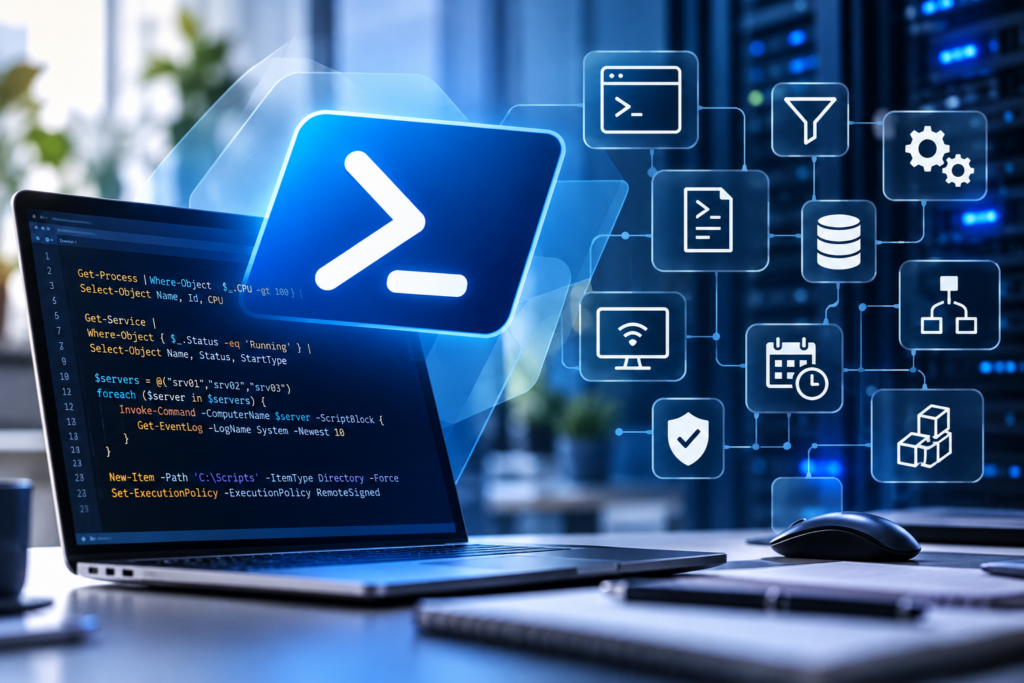 Grafika przedstawiająca laptop z kodem PowerShell, ikonę PowerShell oraz symbole narzędzi administracyjnych, skryptów, automatyzacji, bezpieczeństwa i zarządzania systemami w niebieskiej, nowoczesnej stylistyce.