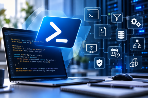 Grafika przedstawiająca laptop z kodem PowerShell, ikonę PowerShell oraz symbole narzędzi administracyjnych, skrypt&oacute;w, automatyzacji, bezpieczeństwa i zarządzania systemami w niebieskiej, nowoczesnej stylistyce.