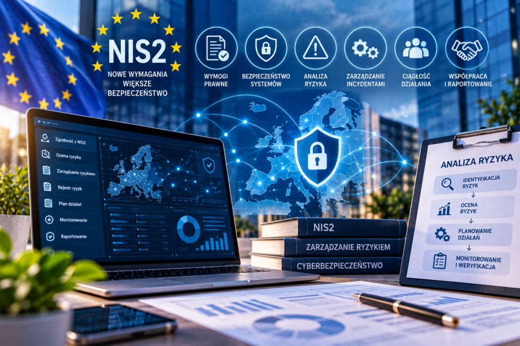 Grafika przedstawiająca temat dyrektywy NIS2 i zarządzania ryzykiem w cyberbezpieczeństwie. Widoczne są laptop z panelem analizy zagrożeń, mapa Europy z symbolem tarczy i kł&oacute;dki, flaga Unii Europejskiej, dokumenty oraz lista etap&oacute;w analizy ryzyka. Ikony symbolizują wymagania prawne, bezpieczeństwo system&oacute;w, zarządzanie incydentami, ciągłość działania i raportowanie. dominują odcienie granatu i błękitu.