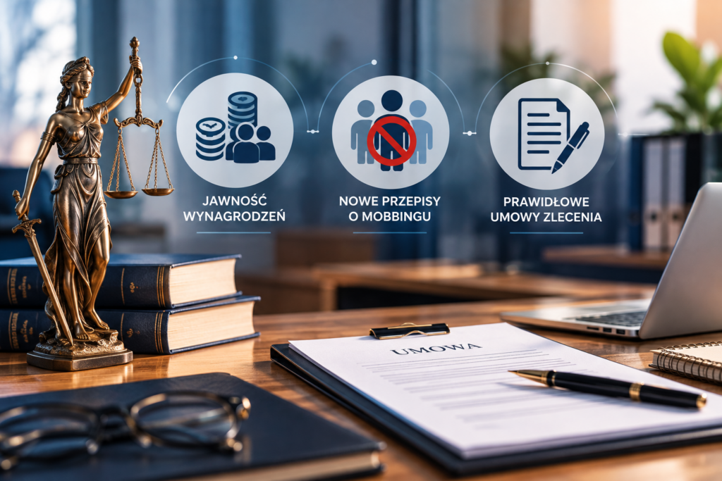 Symbol Temidy, dokumenty i ikony przedstawiające jawność wynagrodzeń, przeciwdziałanie mobbingowi oraz prawidłowe umowy zlecenia na tle nowoczesnego biura.