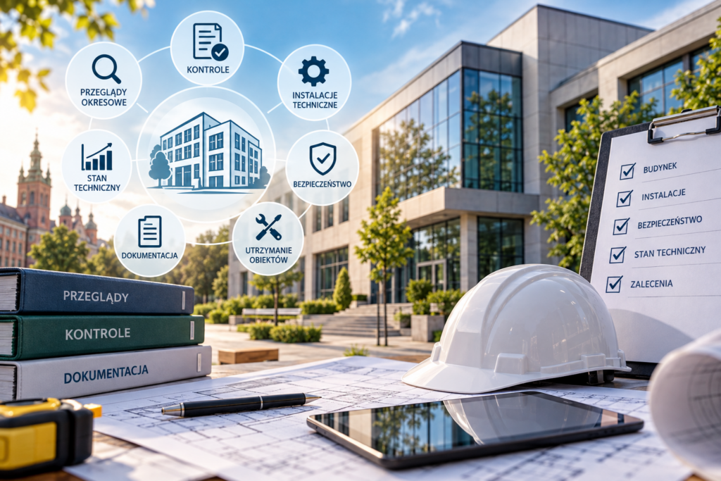 Grafika przedstawiająca nowoczesny budynek, dokumentację techniczną, plany architektoniczne, kask ochronny i listę kontrolną. Symbole przeglądów okresowych, kontroli, instalacji technicznych, bezpieczeństwa i utrzymania obiektów nawiązują do zarządzania nieruchomościami oraz oceny ich stanu technicznego.